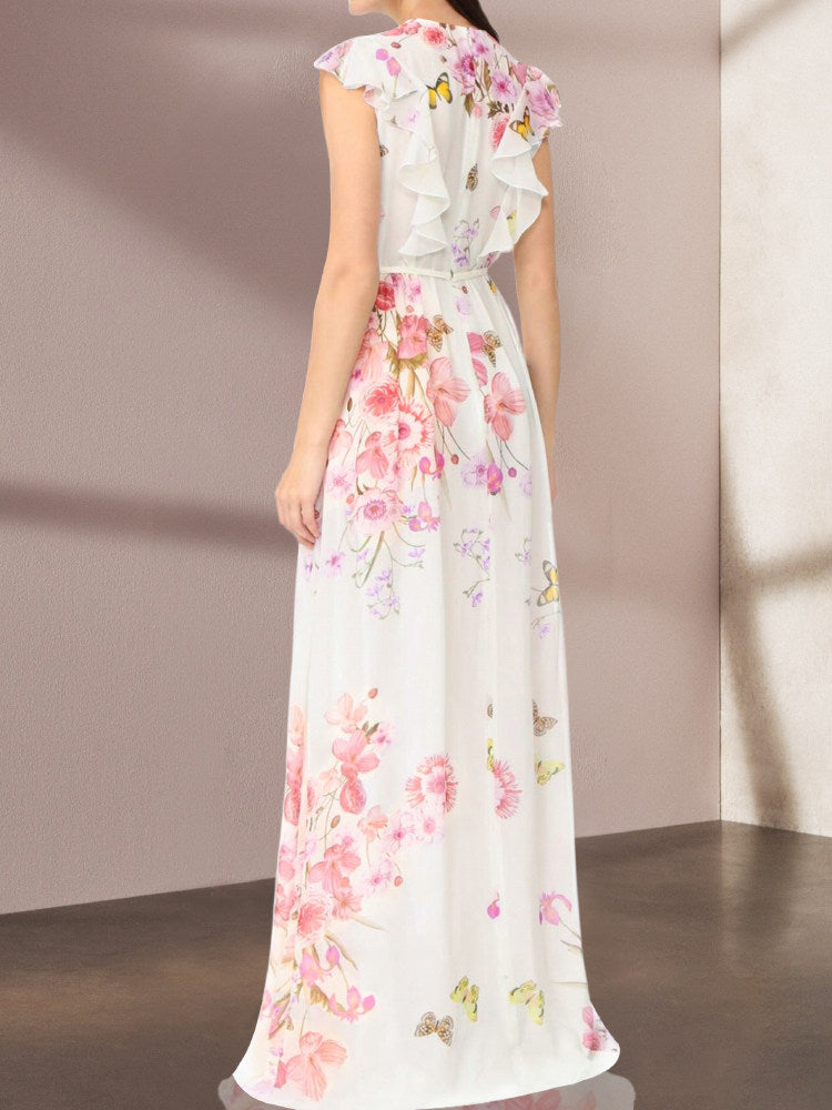 White Floral Flying Sleeves Maxi Dress
