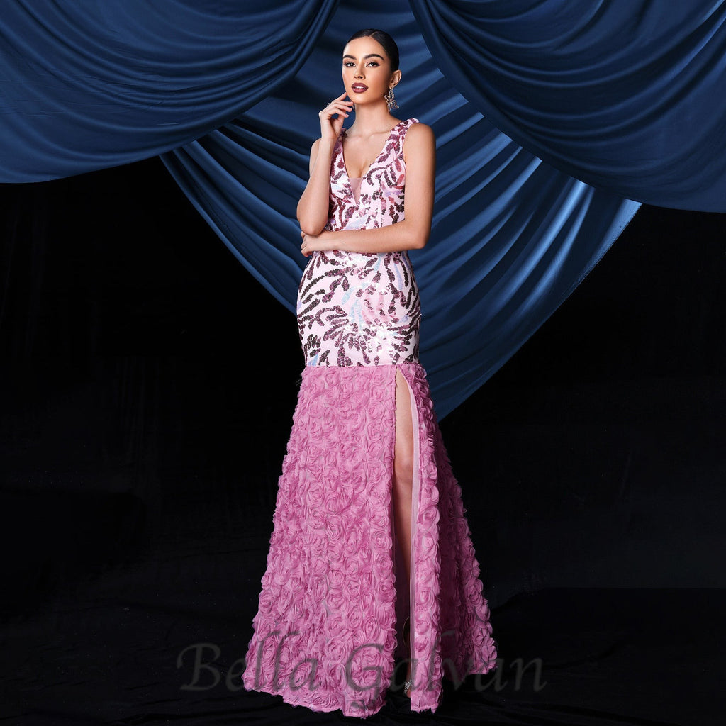 Flowering Girl Women floral sequin split maxi dress in pink