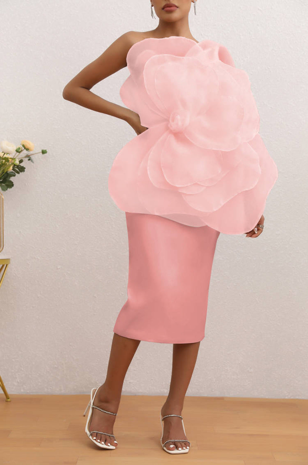 Flowering Girl Women Andrea Mesh Flower One Shoulder Midi Dress In Pink