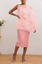 Flowering Girl Women Andrea Mesh Flower One Shoulder Midi Dress In Pink