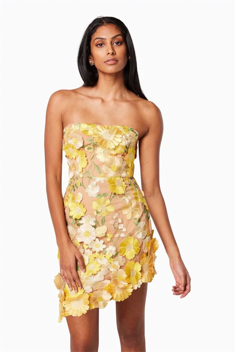 Flowering Girl Women Strapless floral Mini Dress in yellow