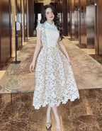 Leila White 3D Flower Embroidery Bow Lace Midi Dress