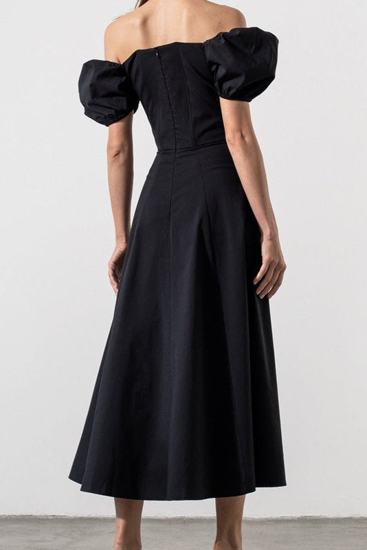 Flowering Girl Women black Puff Sleeve Lace-up Slit Dress