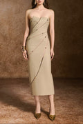 angela Asymmetrical Off Shoulder Midi Dress in Khaki