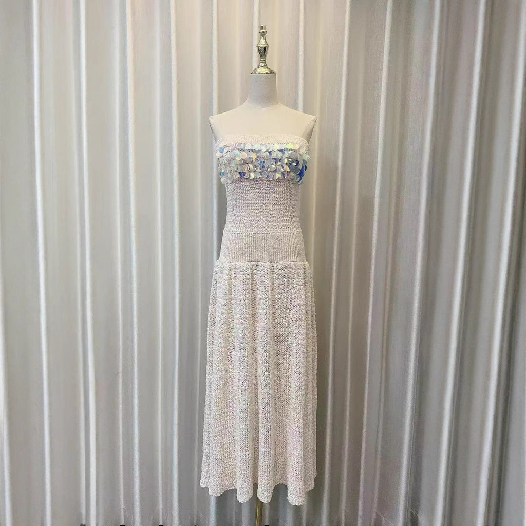 kimberley beige off-shoulder Sleeveless sequin jersey Maxi Dress
