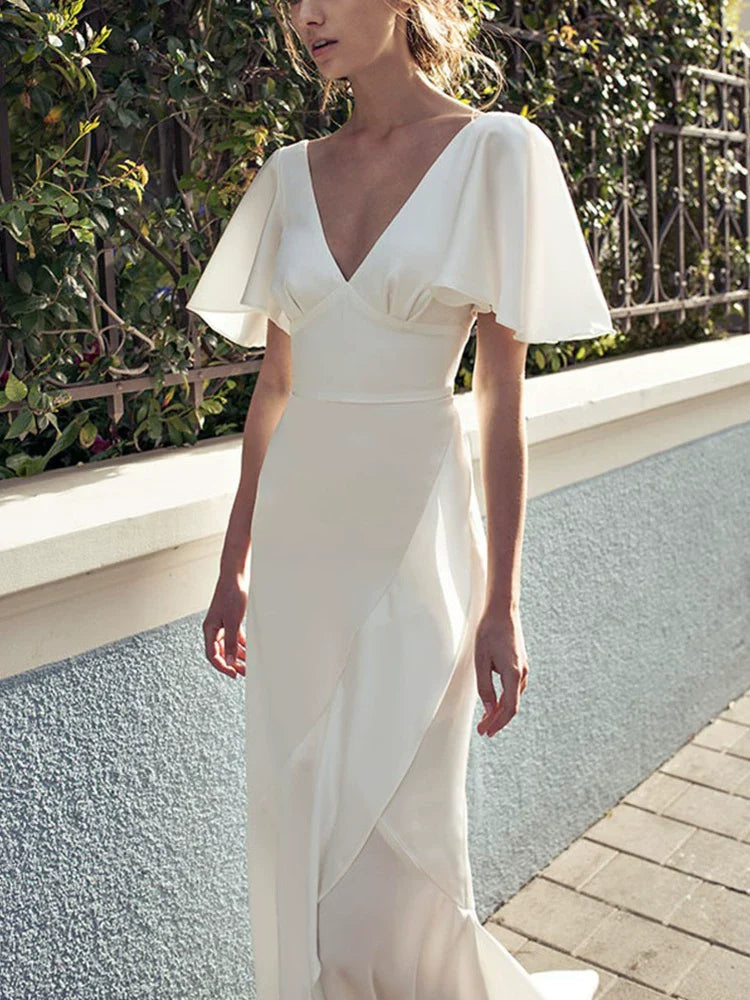 White irregular V-neck, backless long skirt, flared sleeves, elegant dress skirt, waist slimming, satin dress