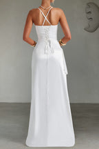 Flowering Girl Women white suspender slits maxi dress