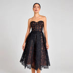 Agnens Black Sexy Strapless Embroidered Lace Midi Dress