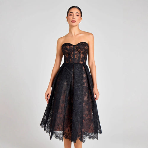 Flowering Girl Women Agnens Black Sexy Strapless Embroidered Lace Midi Dress