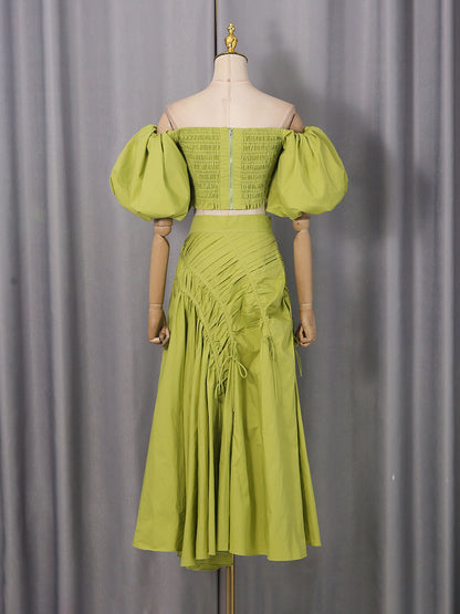 giselle drawstring off-shoulder midi skirt - green