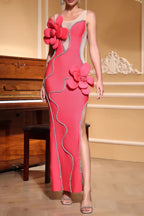 Diamond 3D Flower Sequin Bandage maxi Dress in rose red