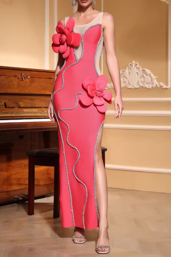 Flowering Girl Women Diamond 3D Flower Sequin Bandage Maxi Dress In Rose Red