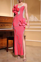 Flowering Girl Women Diamond 3D Flower Sequin Bandage Maxi Dress In Rose Red