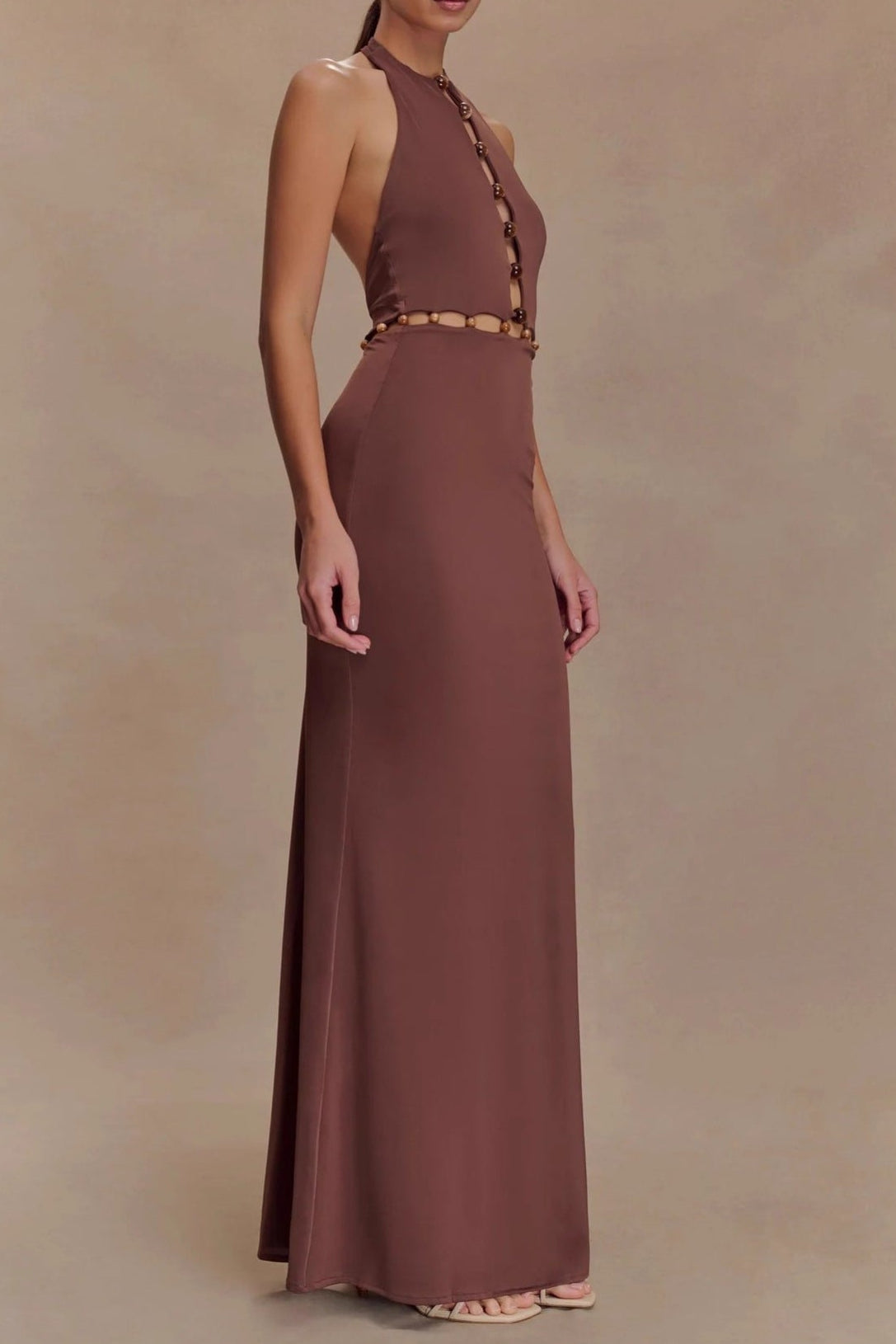 Flowering Girl Women brown halterneck open back maxi dress