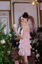 Pink Sleeveless Sequin layer ruffle short Dinner Dress