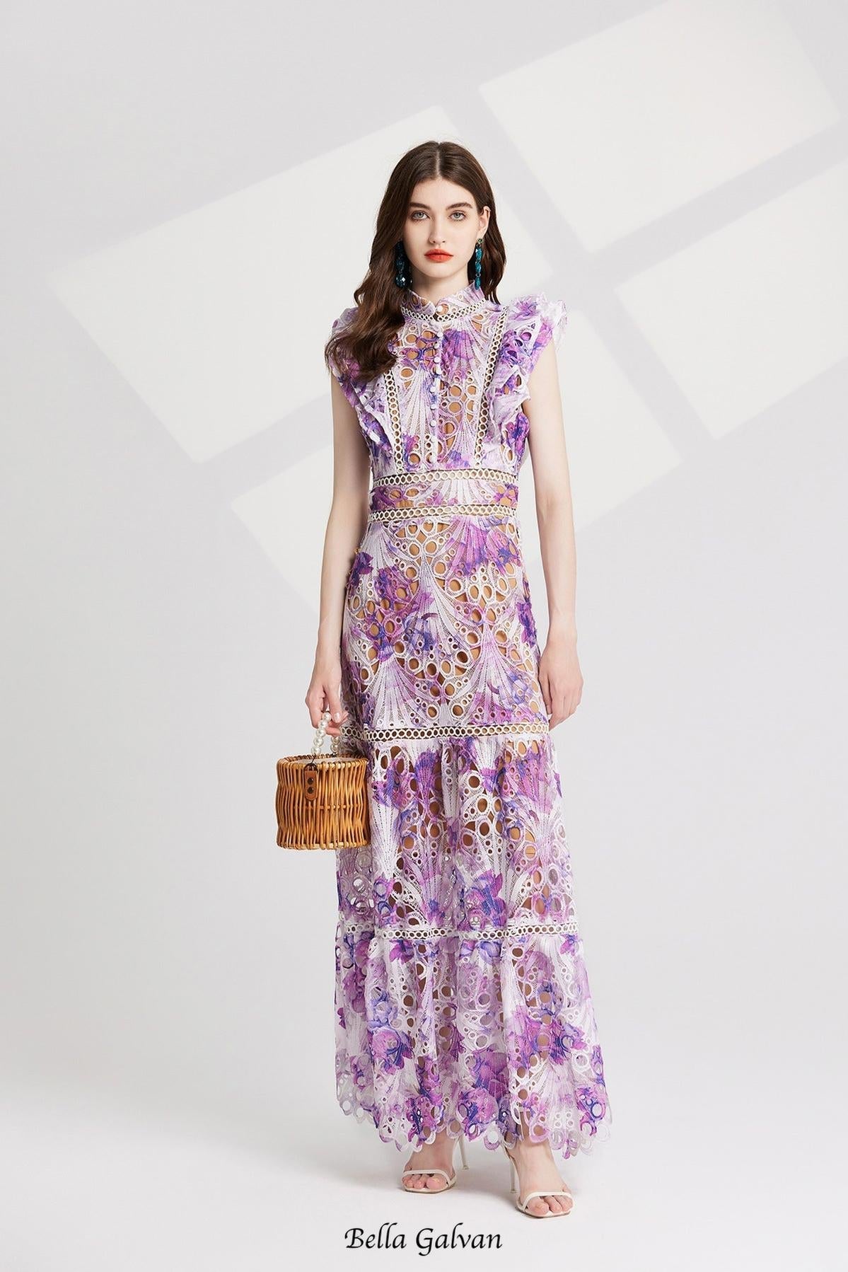 Flowering Girl Women chloe hollow out flower embroidery maxi dress in purple