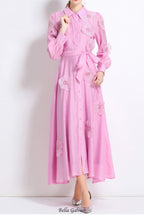 sally Lapel embroidered appliqué midi dress in pink