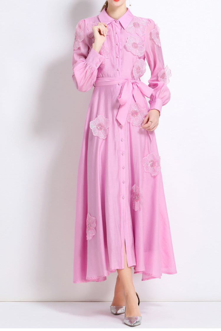 Sally Lapel Embroidered Appliqué Midi Dress In Pink
