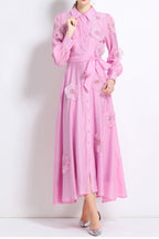 Sally Lapel Embroidered Appliqué Midi Dress In Pink