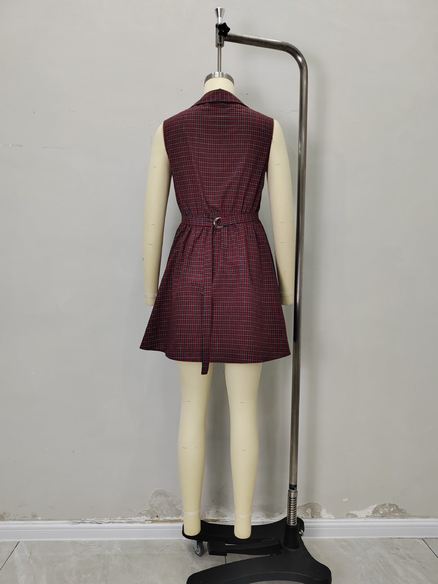 Flowering Girl Women Red Plaid Sleeveless Lapel V Neck Button Front Fit And Flare Mini Dress Summer Retro Dress