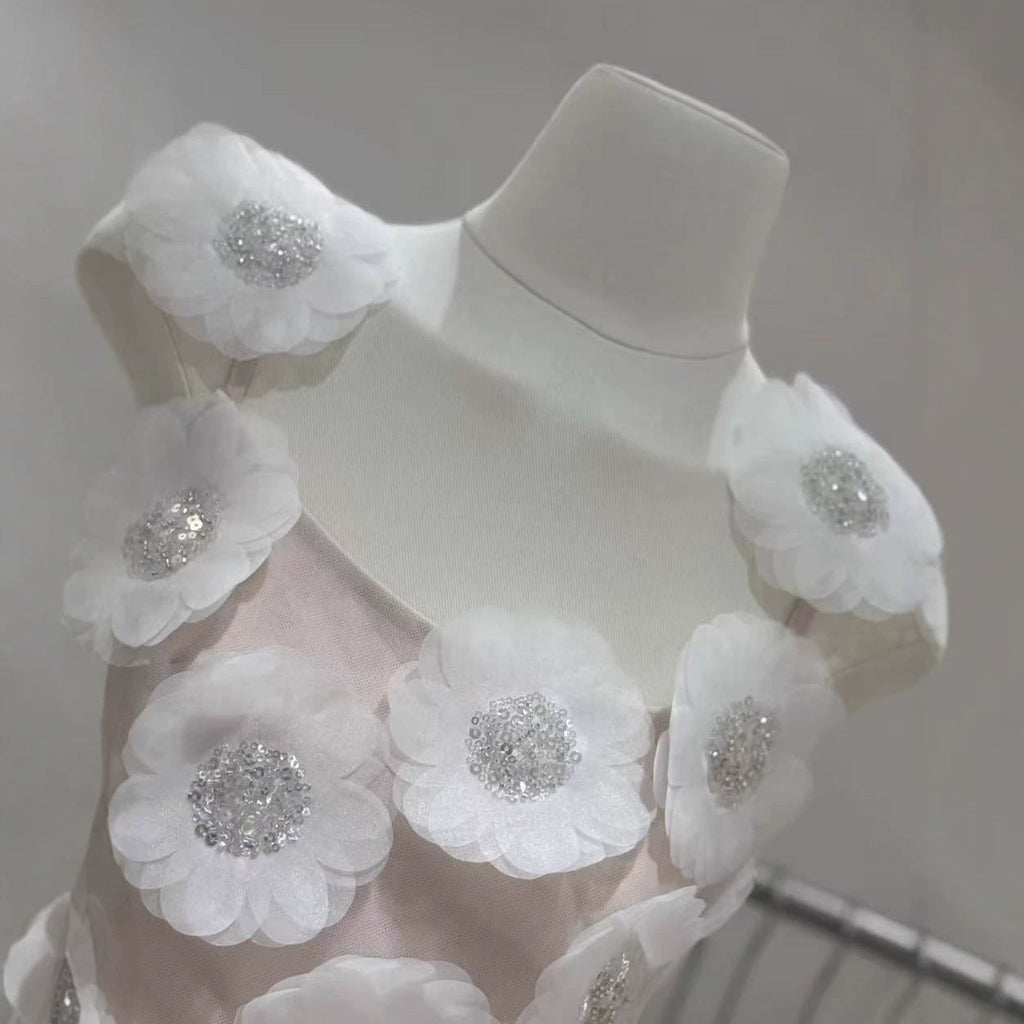 Flowering Girl Women lola Rhinestone 3D Flowers mini dress - white