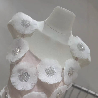 lola Rhinestone 3D Flowers mini dress - white