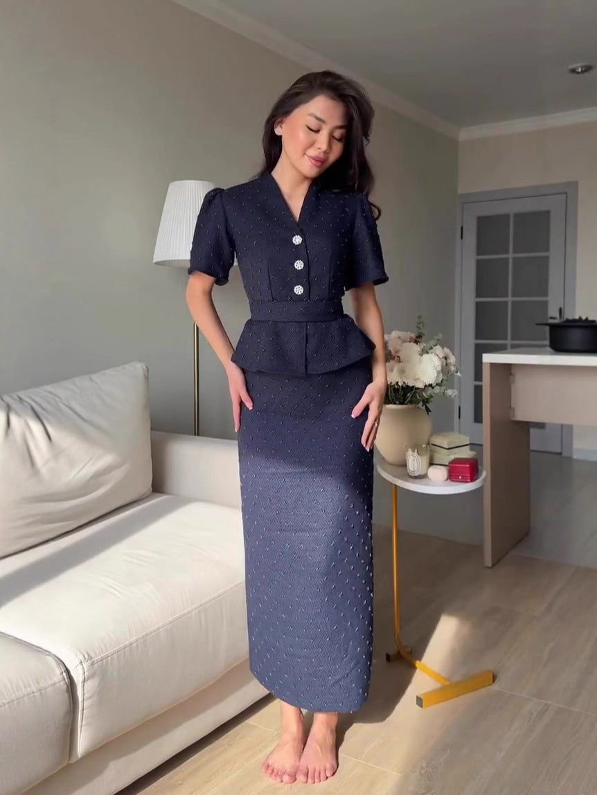Flowering Girl Women navy blue short-sleeved long skirt suit dress