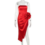 Flowering Girl Women Strapless Flower Satin Midi Dress