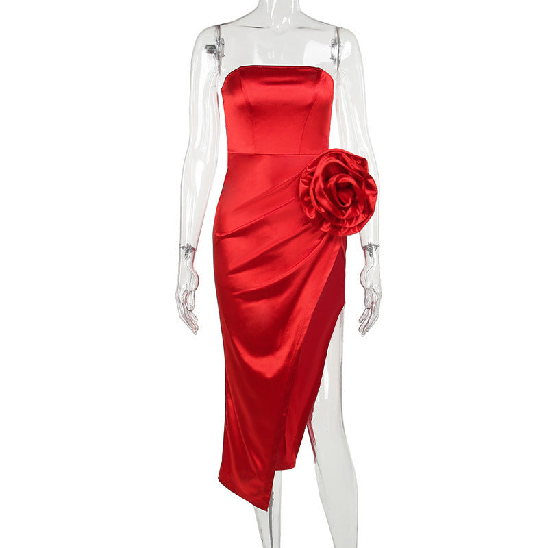 Flowering Girl Women Strapless Flower Satin Midi Dress