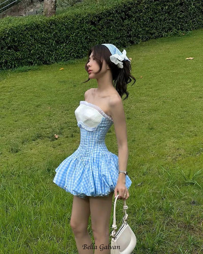 stephanie plaid strapless puffy mini dress - blue