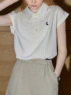 Flowering Girl Women cream-white Polo Collar Embroidered Sleeveless Shirt