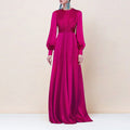 Fuchsia Satin Long Sleeve Maxi Dress With Gathered Waist
