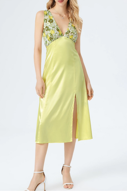 green floral V-neck lace-up backless satin panel side slit dress