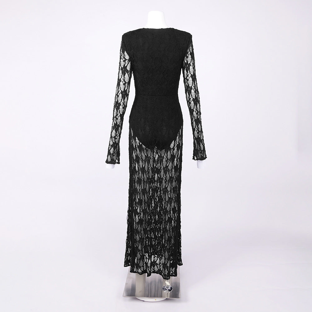 Gwendolyn v Neck Hollow Long Sleeve Lace Maxi Dress  In Black