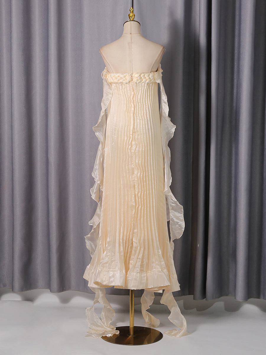 quintina Off Shoulder Pleated Maxi Dress in apricot