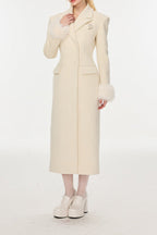 Flowering Girl Women Ivory Slim faux fur mid-length woolen coat