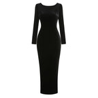Lee Black Long-Sleeve Backless Studded Fishtail Velvet Maxi Dress