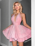 Virginia A Line Halter Tiered Mini Dress In Pink