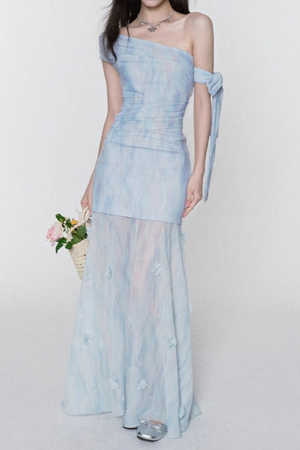 Flowering Girl Women Rosalind One-Shoulder Pleated Slim Maxi Dress In Blue