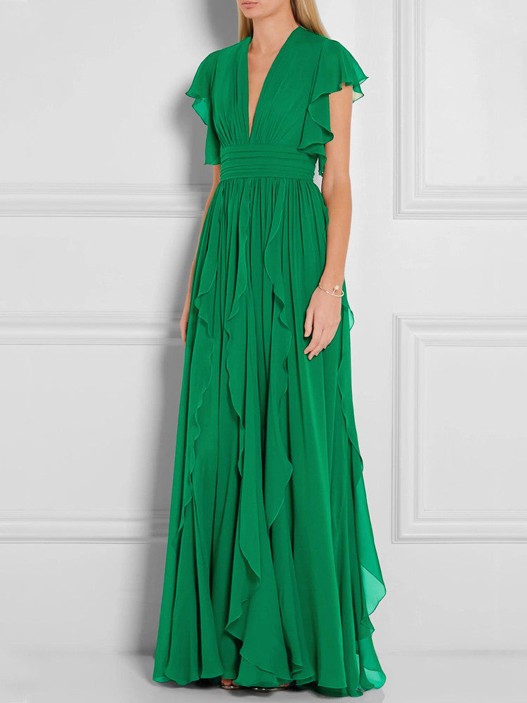 Green V-Neck Ruffle Maxi Dress