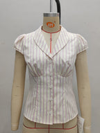 Flowering Girl Women pleated striped buttoned short sleeve shirt