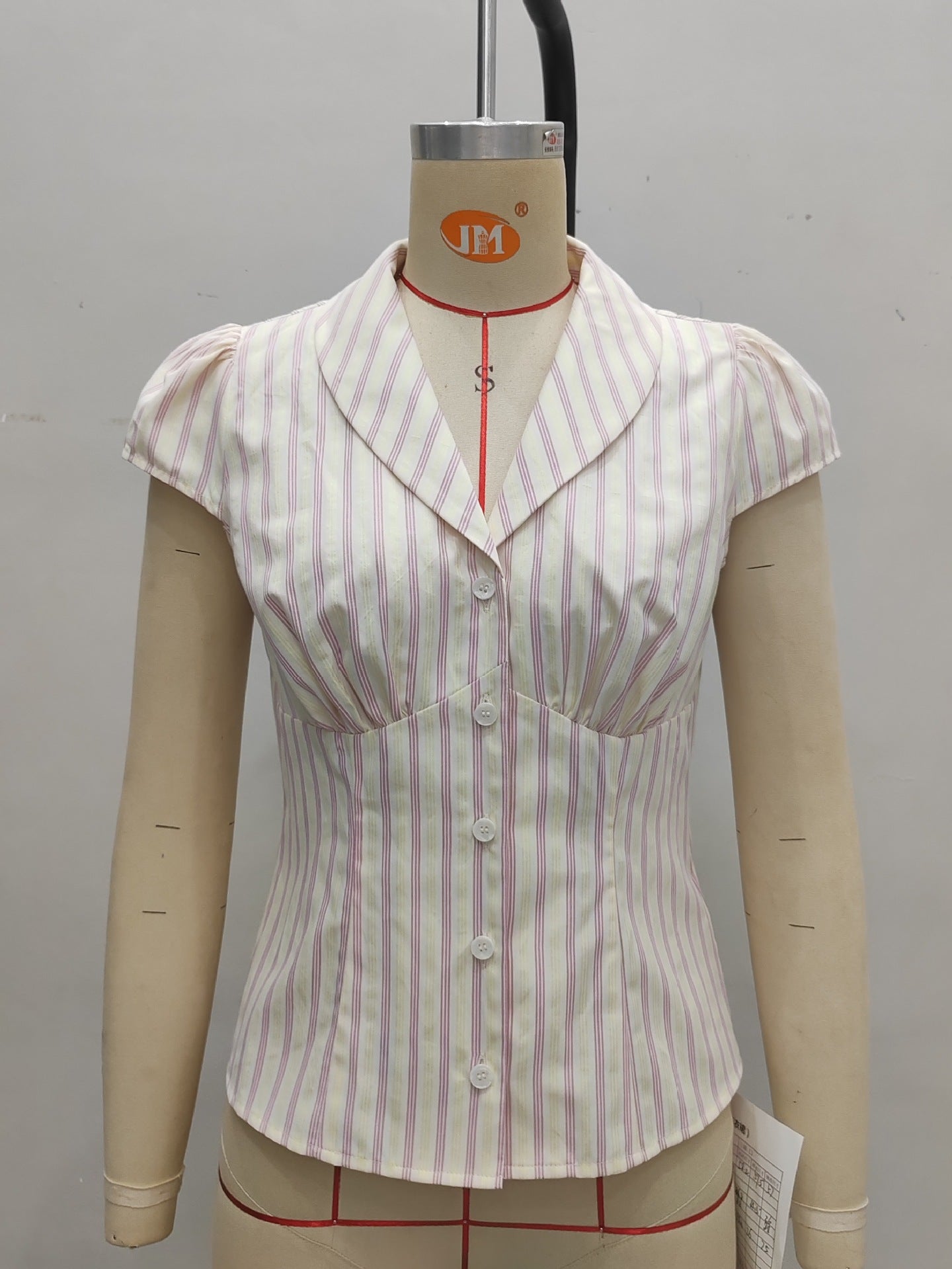 pleated striped buttoned short sleeve shirt