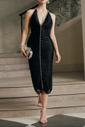 Flowering Girl Women Sherry Halter Rhinestone Bandage Tassel Midi Dress In Black