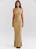 Flowering Girl Women glod Knitted Turtleneck Sleeveless maxi Dress