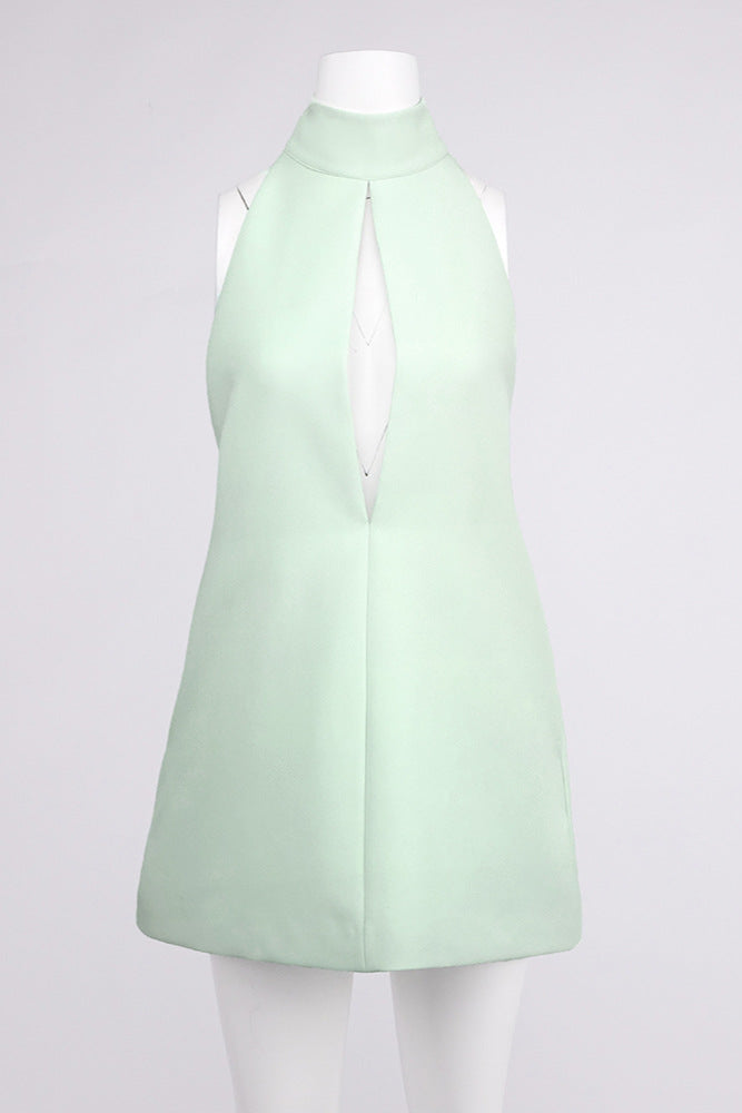 Flowering Girl Women v-Neck Cutout Backless Crepe Halter Dress - Celadon