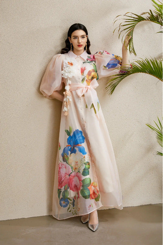 Flowering Girl Women Single-Breasted Floral Printed Puff Sleeve Maxi Dress In Apricot