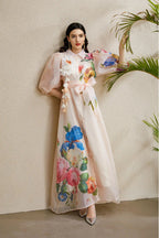 Flowering Girl Women Single-Breasted Floral Printed Puff Sleeve Maxi Dress In Apricot