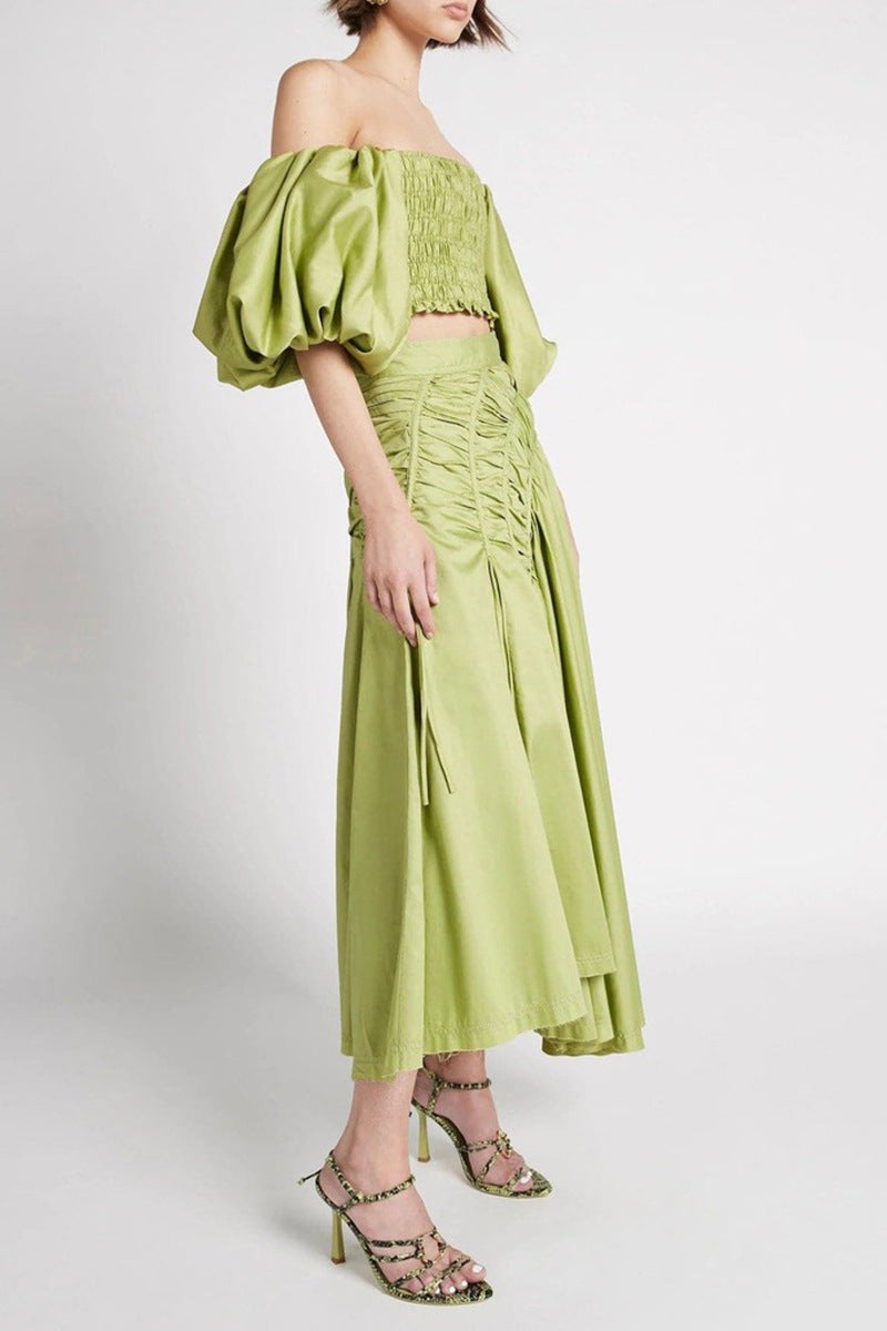 Giselle Drawstring Off-Shoulder Midi Skirt - Green