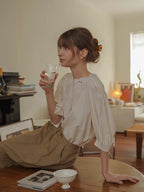 Flowering Girl Women white embroidered cut-out crew neck lantern sleeve shirt