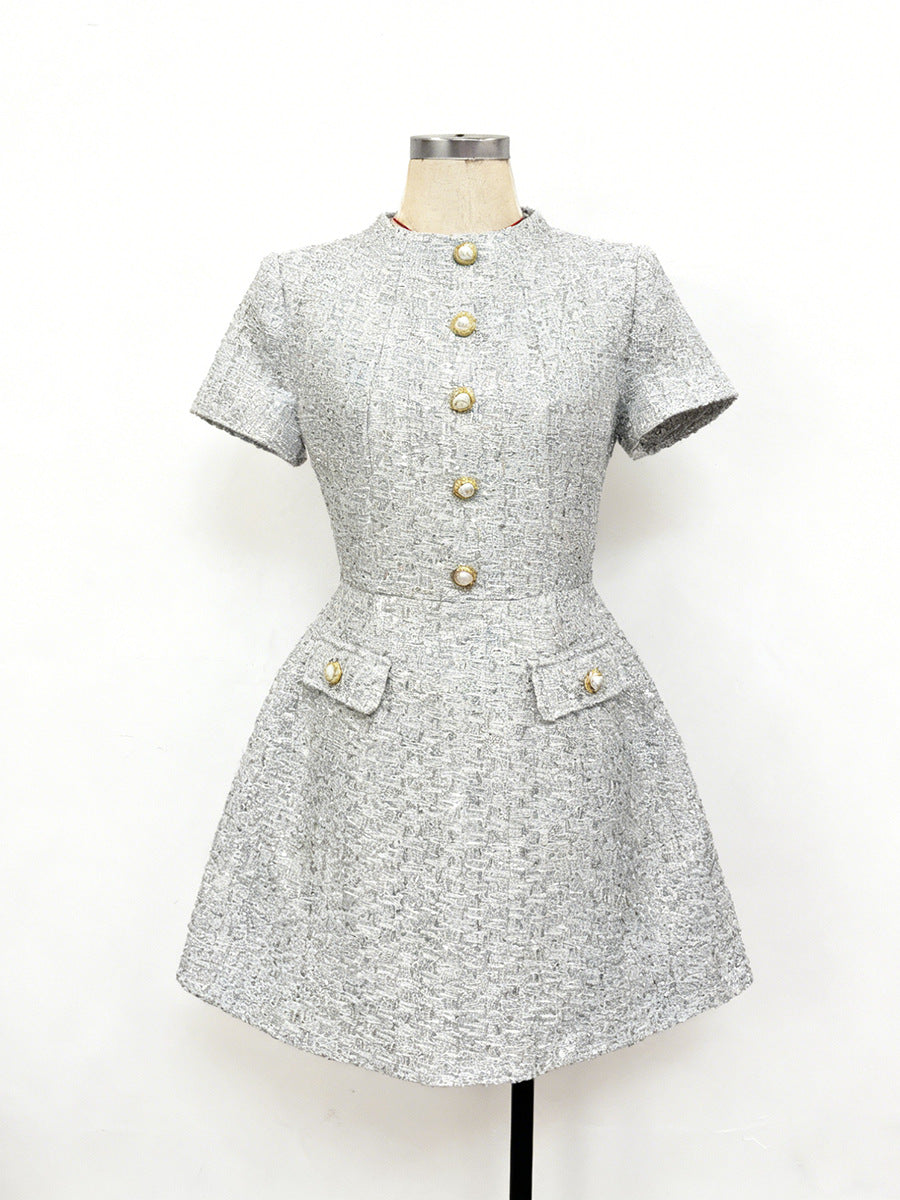 tiffany pearl-embellished tweed mini dress in gold